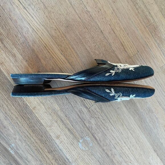 Oscar de la Renta Blue Embroidered Mules Slip-On Pointed Toe Slides Size 37.5 - Picture 6 of 8